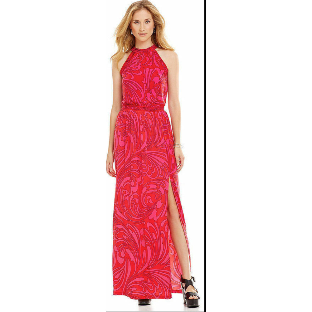 Michael Kors Red and Pink Cynthia Paisley Print Jersey Maxi Dress~ L